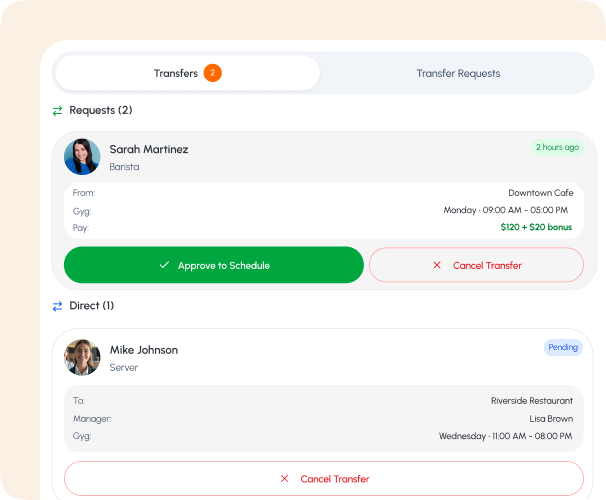 Transfer workers between locations instantly